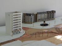 Der Korpus des neuen Gebäudes am Albertplatz aus der Vogelperspektive.